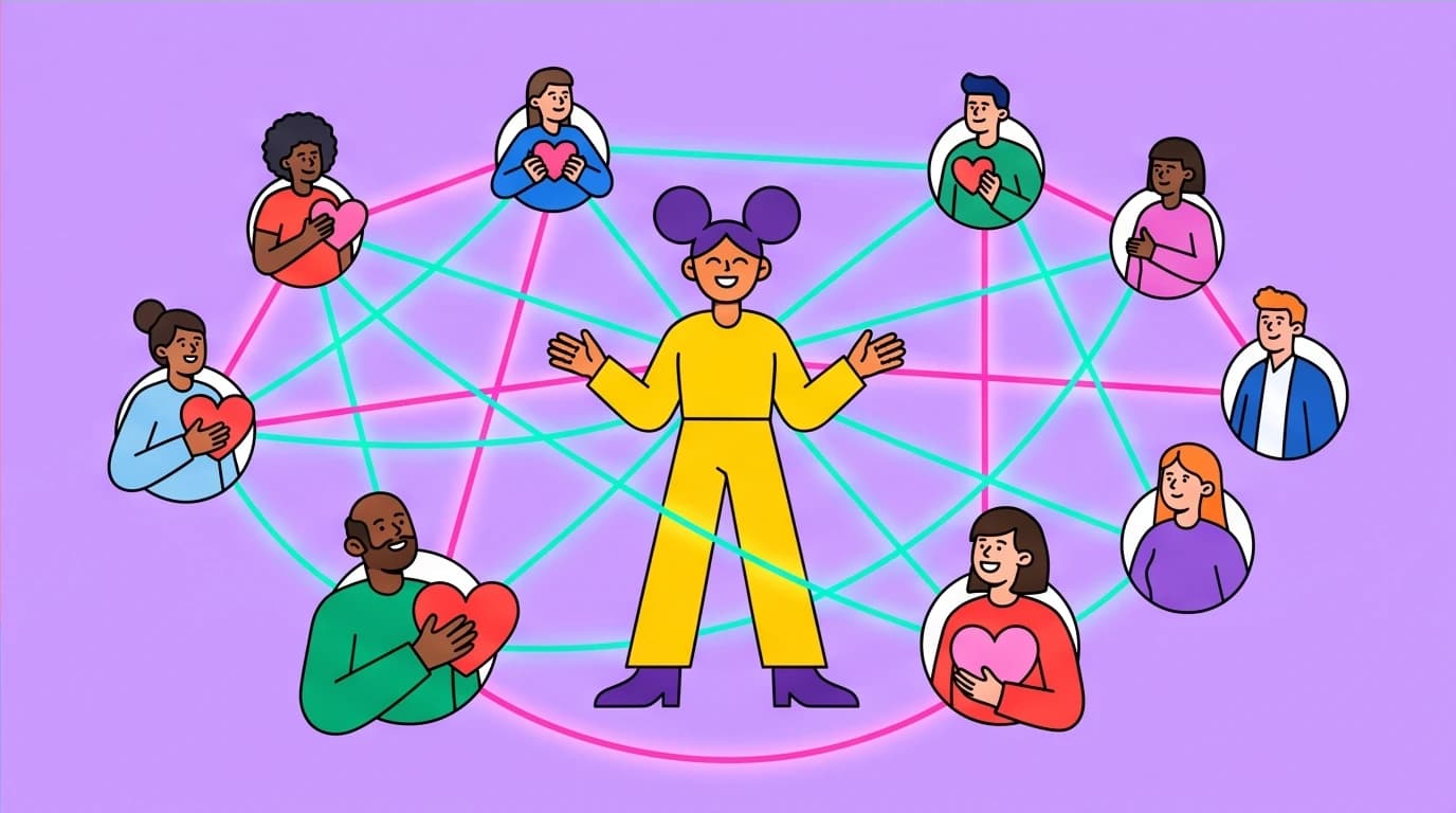 An image based on 'All About Love' key takeaways, showing a person thriving within a community network to illustrate the importance of de-centering romantic love.