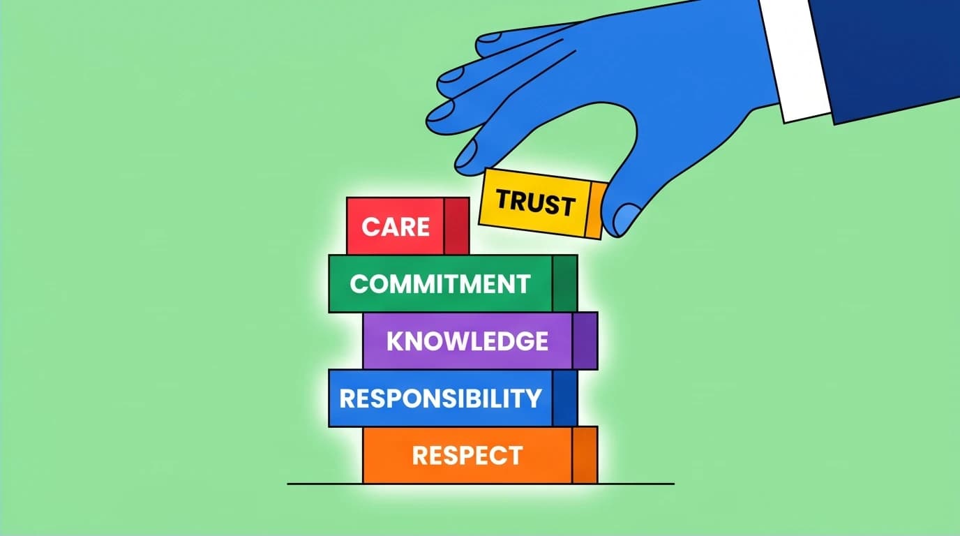 A visual metaphor from the 'All About Love' summary showing a hand building love from six core components, highlighting bell hooks' concept that love is an act of will.