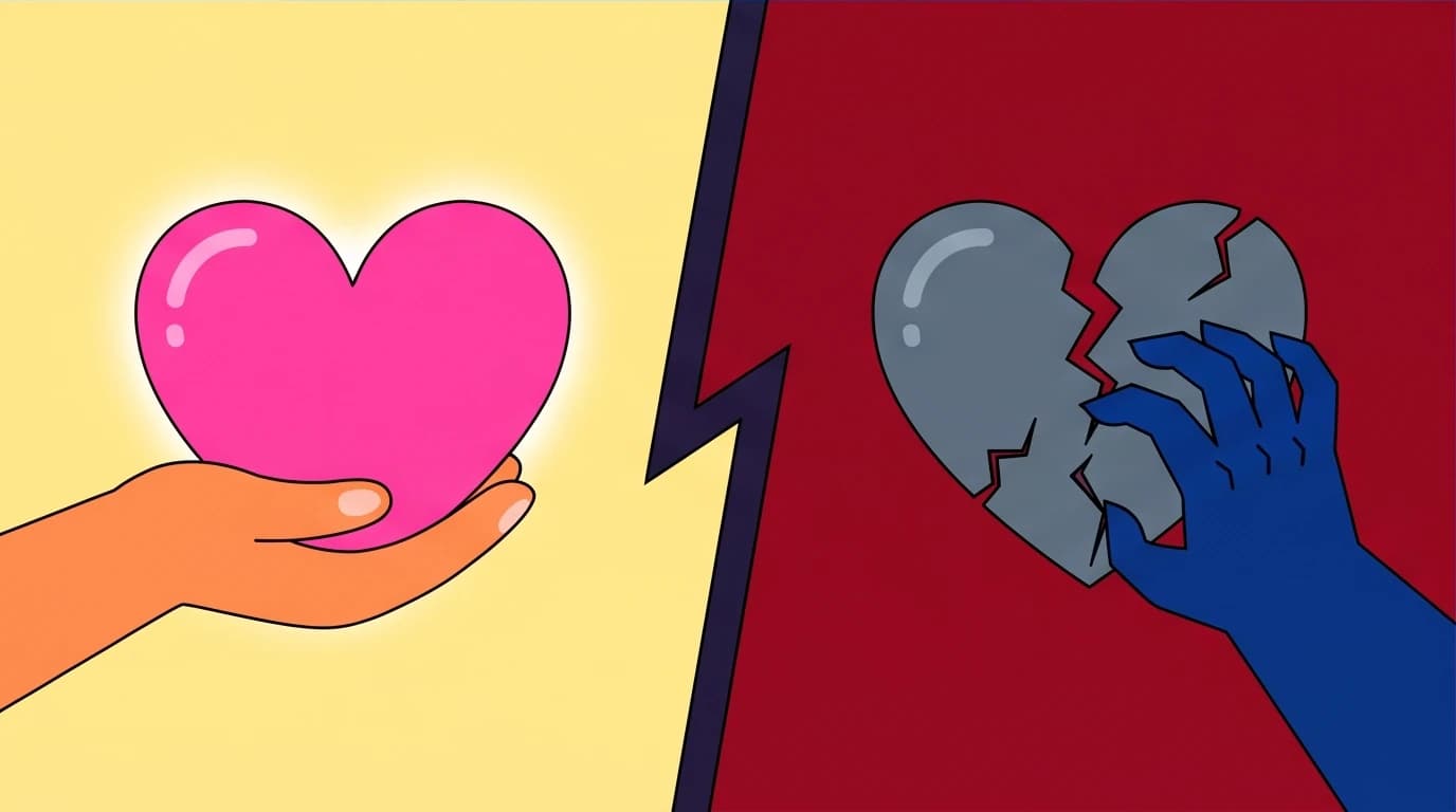A stark illustration for the bell hooks 'All About Love' summary, showing a nurtured heart versus a broken one to emphasize that love and abuse cannot coexist.