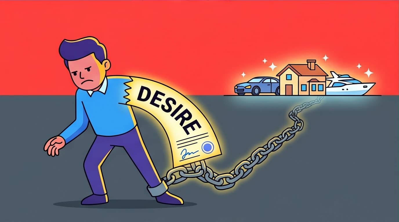 A person trapped by a contract of desire, illustrating Naval Ravikant's quote on how wanting things leads to unhappiness.