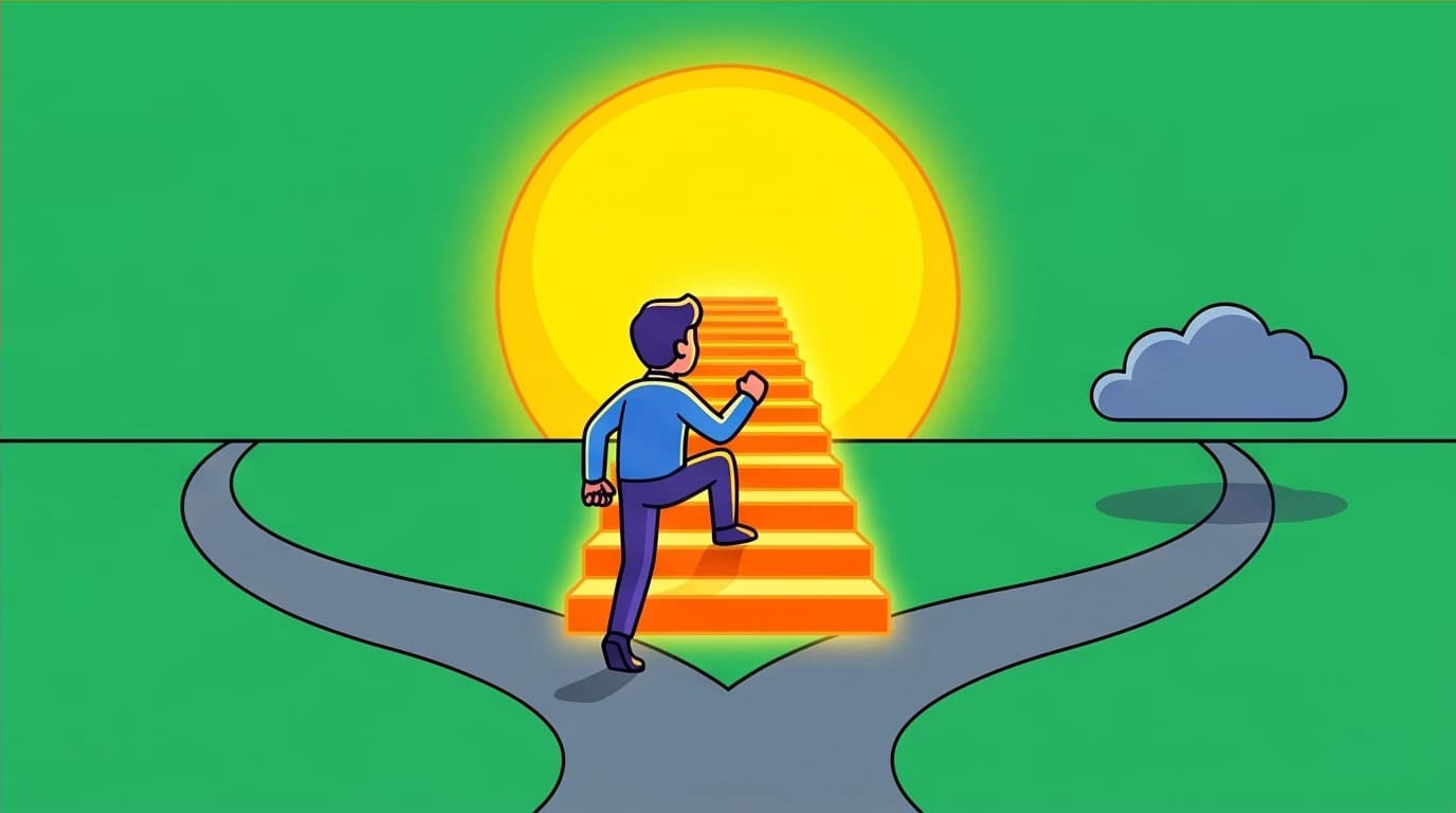 Illustration of a character choosing the harder path for long-term gain, a decision-making model from the Almanack of Naval Ravikant.