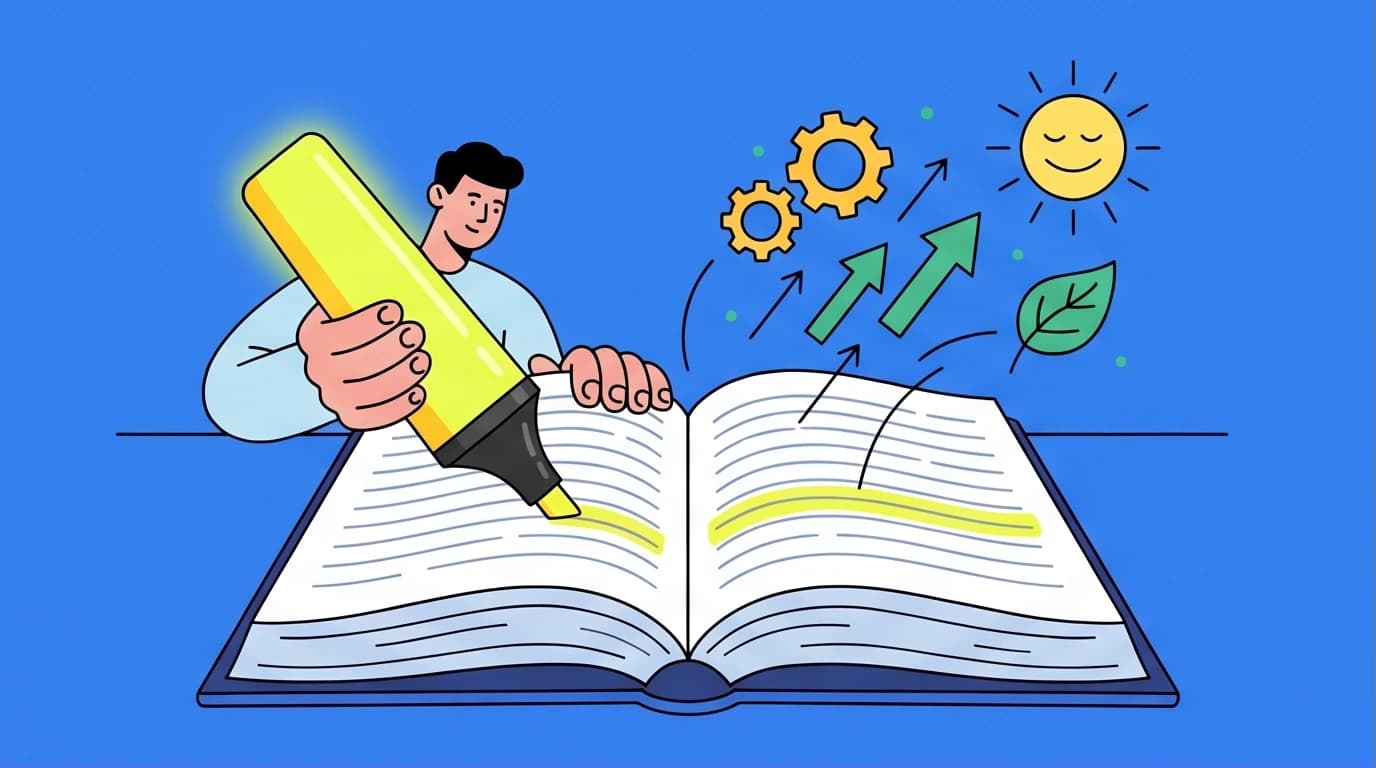 Illustration of a person highlighting mental models on wealth and happiness in the Almanack of Naval Ravikant, a key theme in this book review.