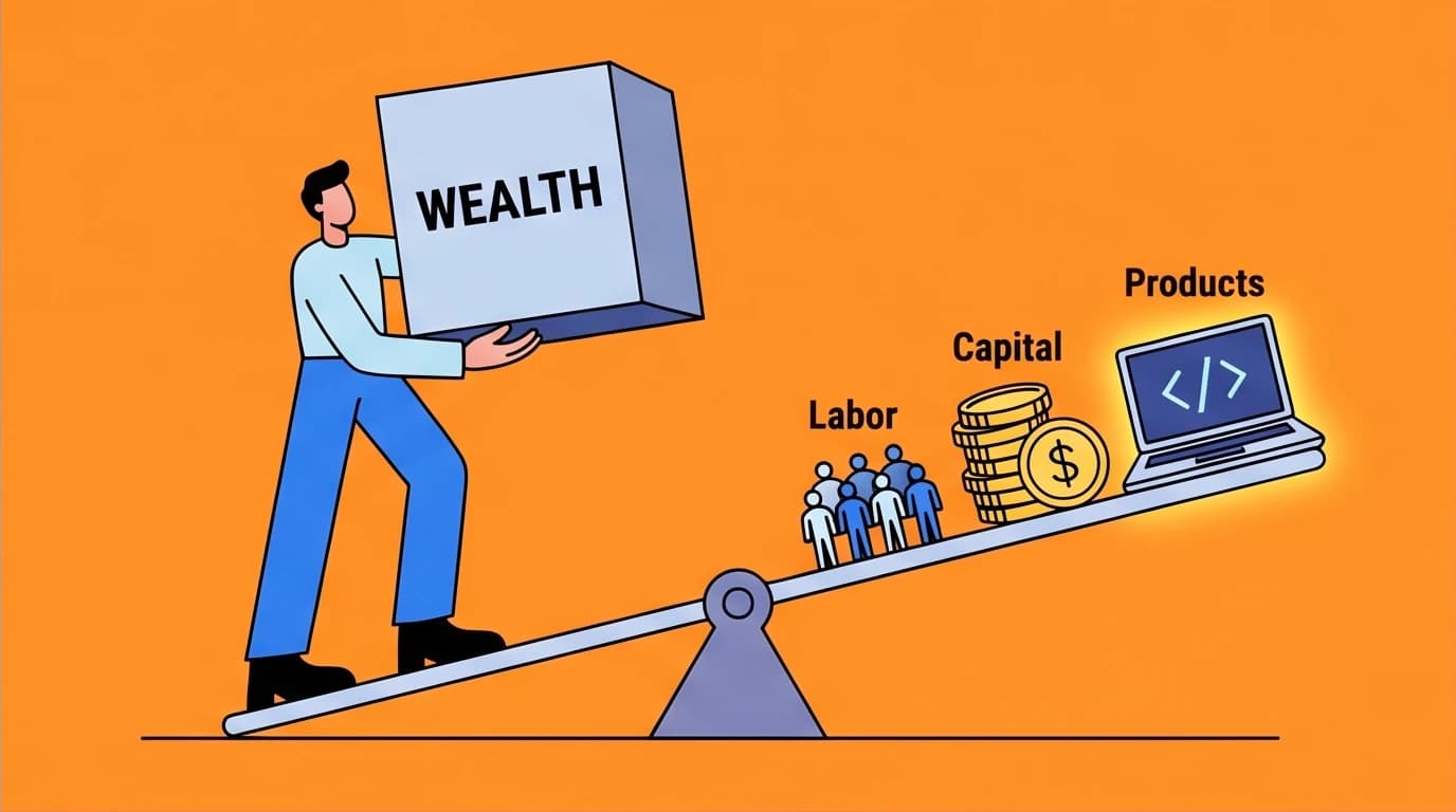 Illustration of Naval Ravikant's three types of leverage—labor, capital, and permissionless products—a core wealth-building mental model.