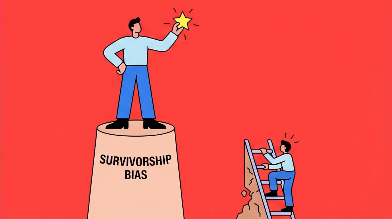An illustration depicting survivorship bias, a key criticism of the Almanack of Naval Ravikant, showing unequal paths to success.