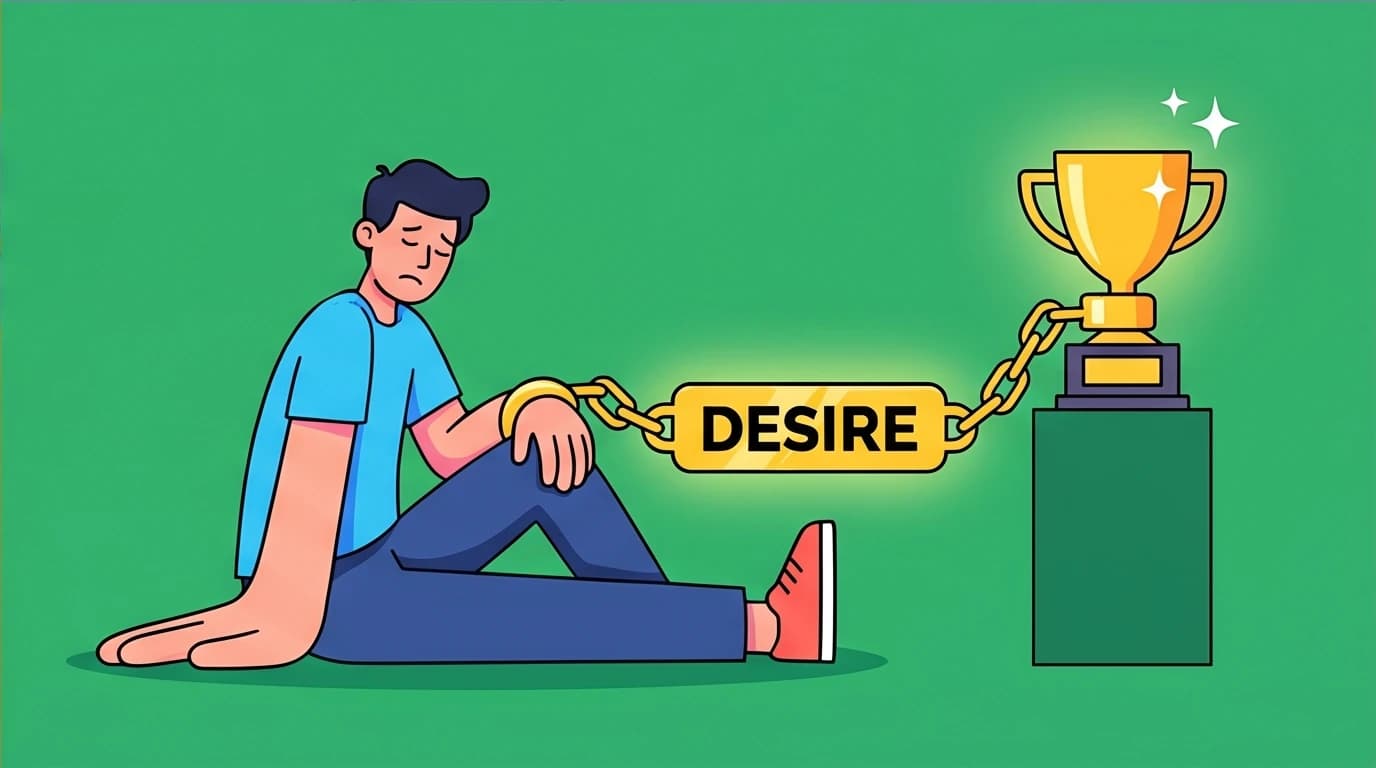 A character chained by 'desire' to a goal, a metaphor for how wanting things creates unhappiness, a concept from Naval Ravikant's book.