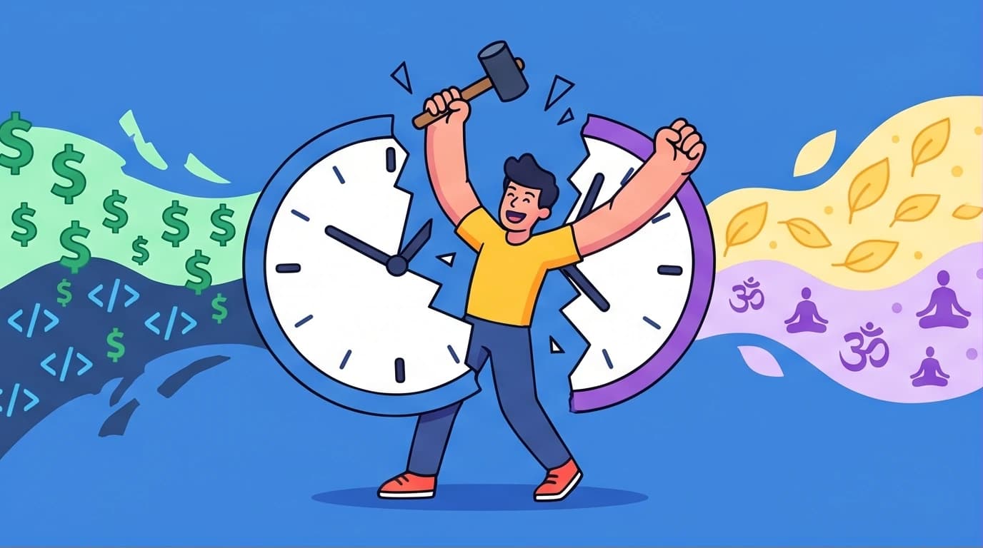 Illustration on decoupling time from money, a core concept from the Almanack of Naval Ravikant summary for achieving wealth and happiness.