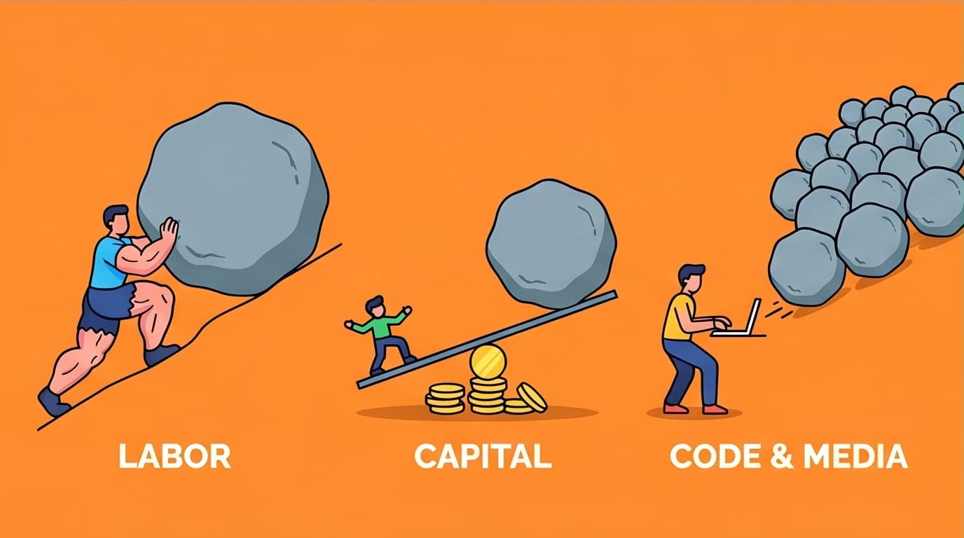 A visual comparison of labor, capital, and code/media leverage, a key mental model for wealth from the Almanack of Naval Ravikant summary.