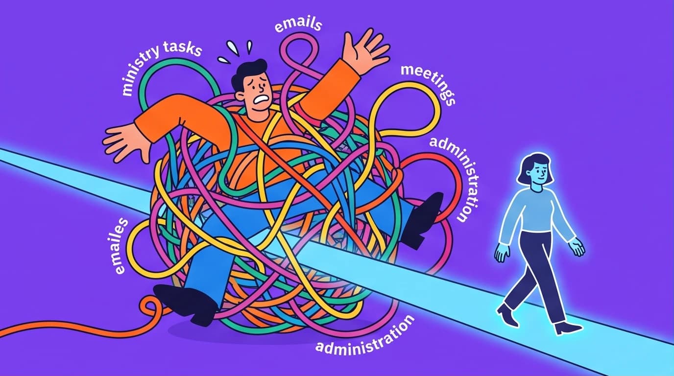 An illustration showing a clear path through chaotic church management tasks, symbolizing a guide for preventing ministry burnout and exhaustion.