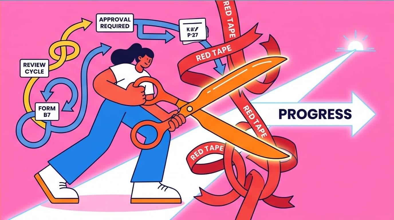 A person cutting administrative red tape, symbolizing simplifying church meetings and processes for greater efficiency in ministry leadership.
