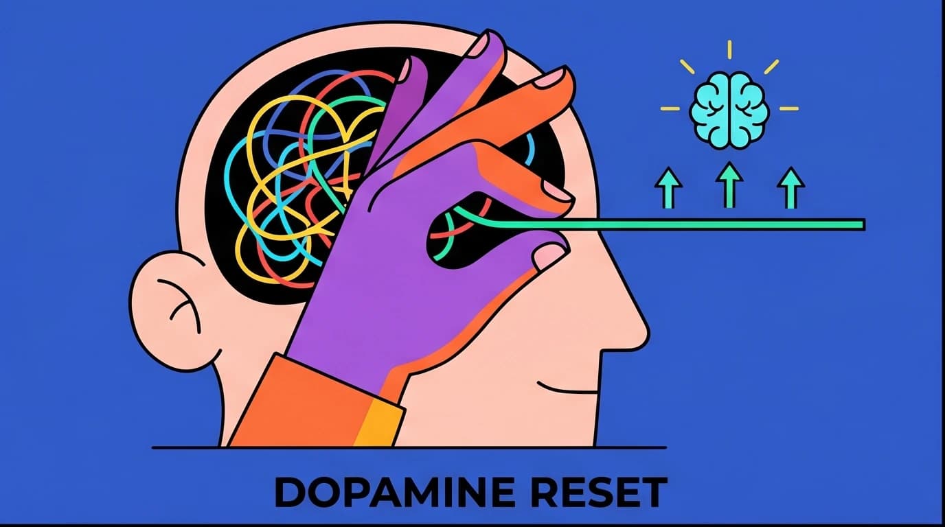 Illustration of a hand resetting the brain's reward circuitry, representing the restoration of a healthy dopamine baseline from the Anna Lembke Huberman podcast.