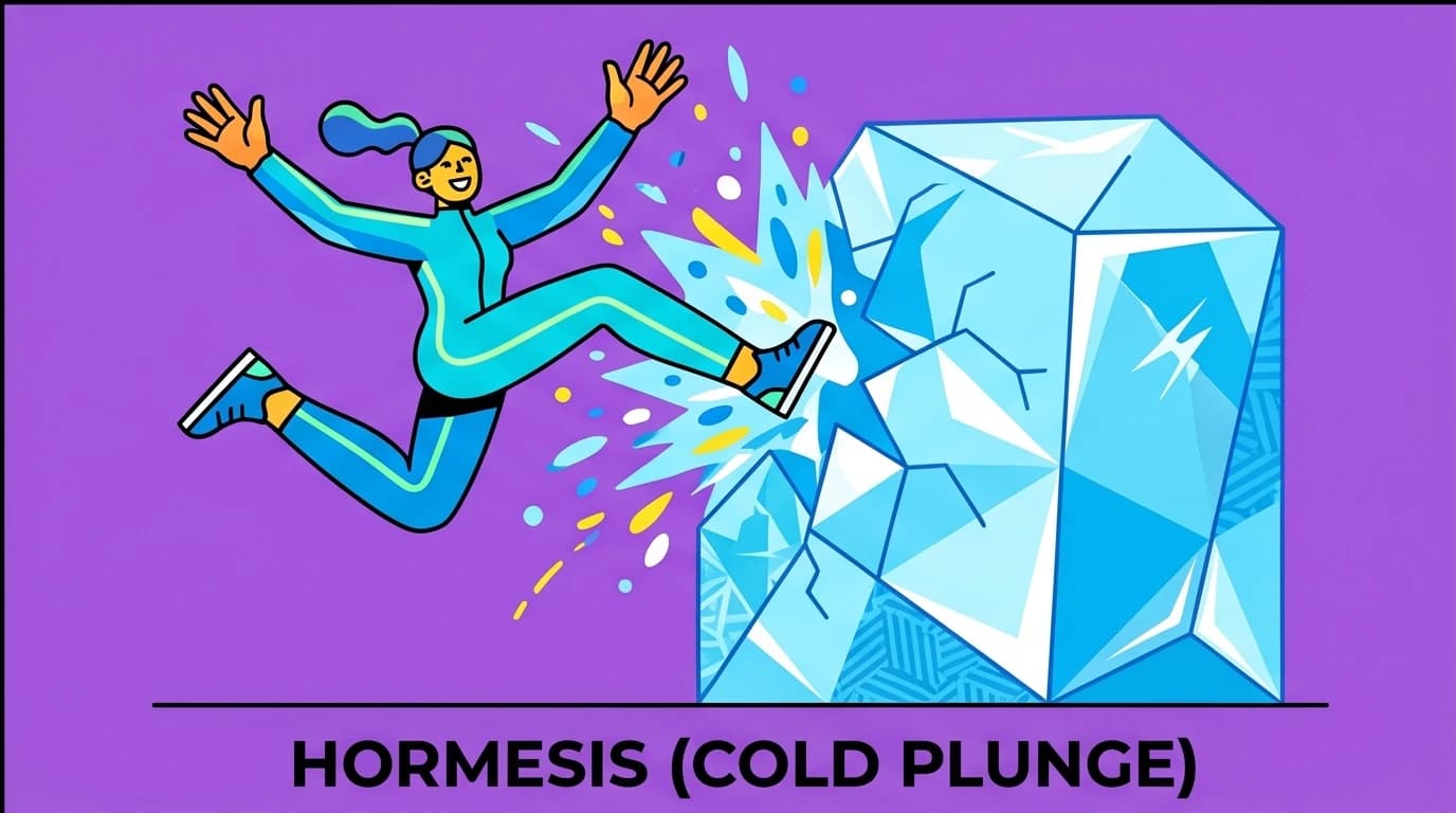 An illustration of a character using hormesis via a cold plunge to naturally increase their dopamine baseline, a key protocol from the Huberman Lembke interview.