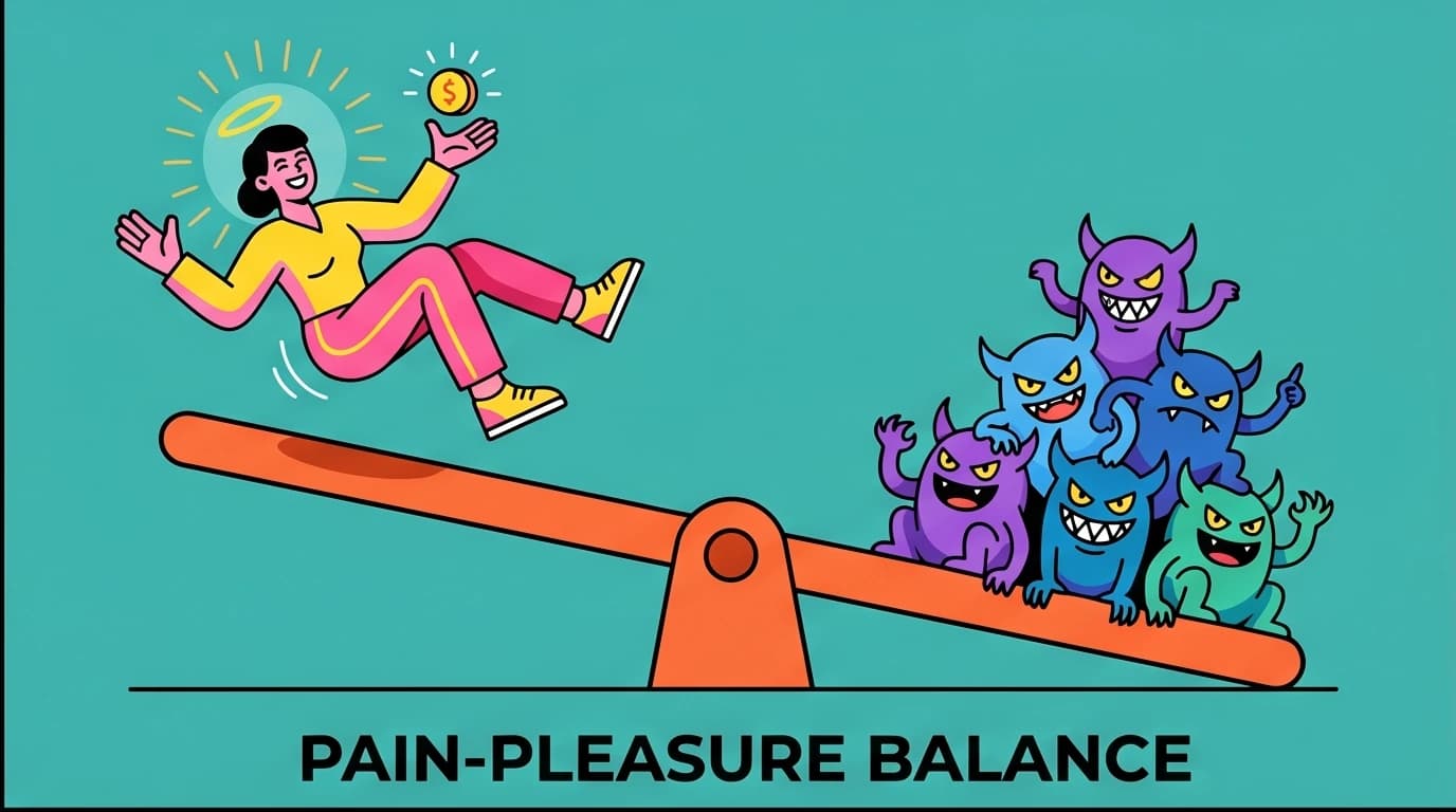 A visual metaphor of the pain-pleasure seesaw, a core dopamine regulation concept from the Huberman Lab and Dopamine Nation author Anna Lembke.