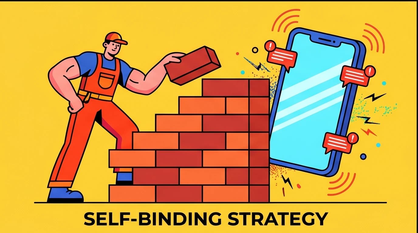 A character building a wall to block a smartphone, illustrating self-binding strategies to improve focus and control dopamine triggers.
