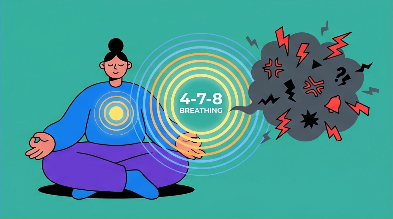 A person using the 4-7-8 breathing method for anxiety relief. Calm energy waves push back chaotic thoughts, illustrating a grounding technique for panic attack self-help.