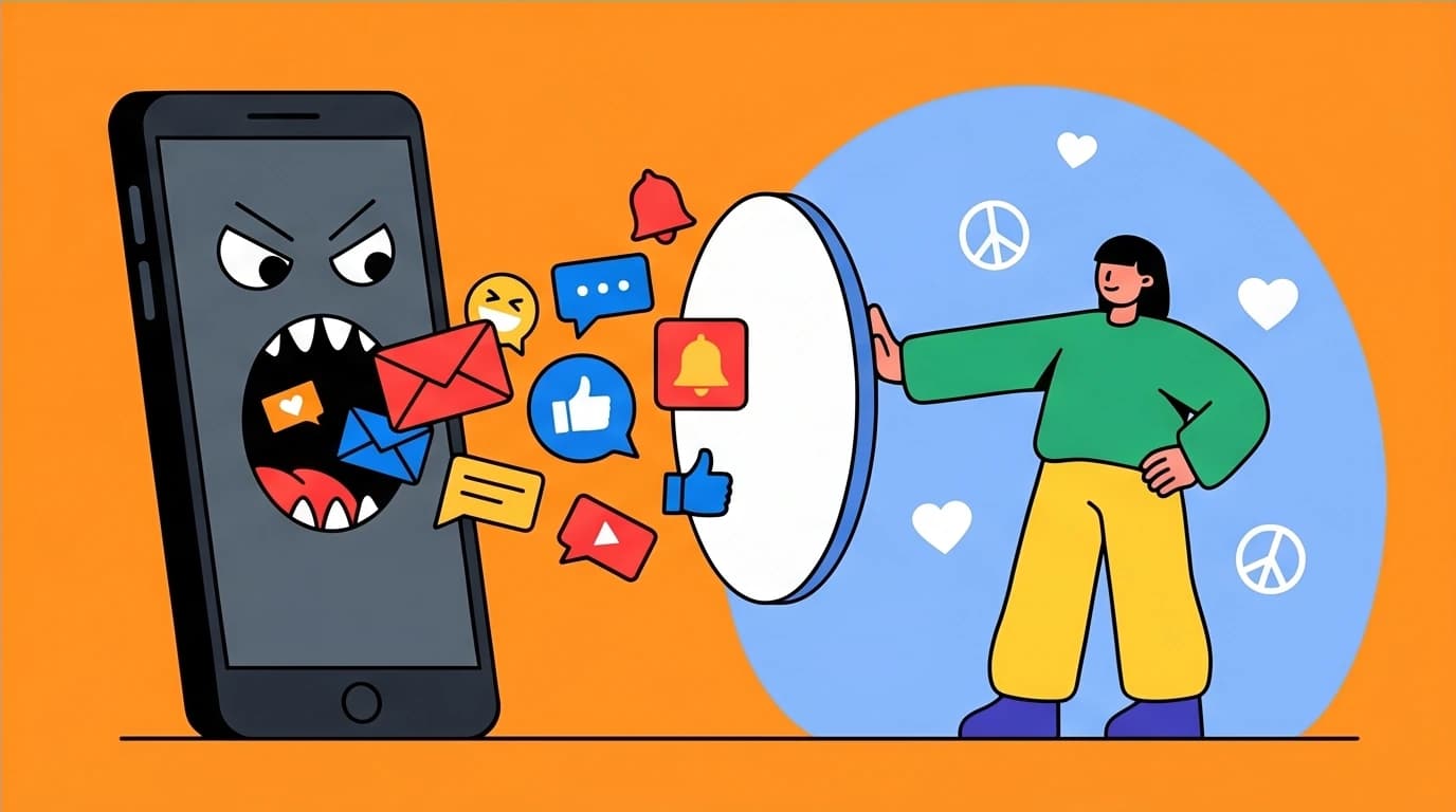 A person creates a digital boundary to relieve anxiety. They use a shield to block a flood of notifications from a smartphone, a method to protect mental well-being.