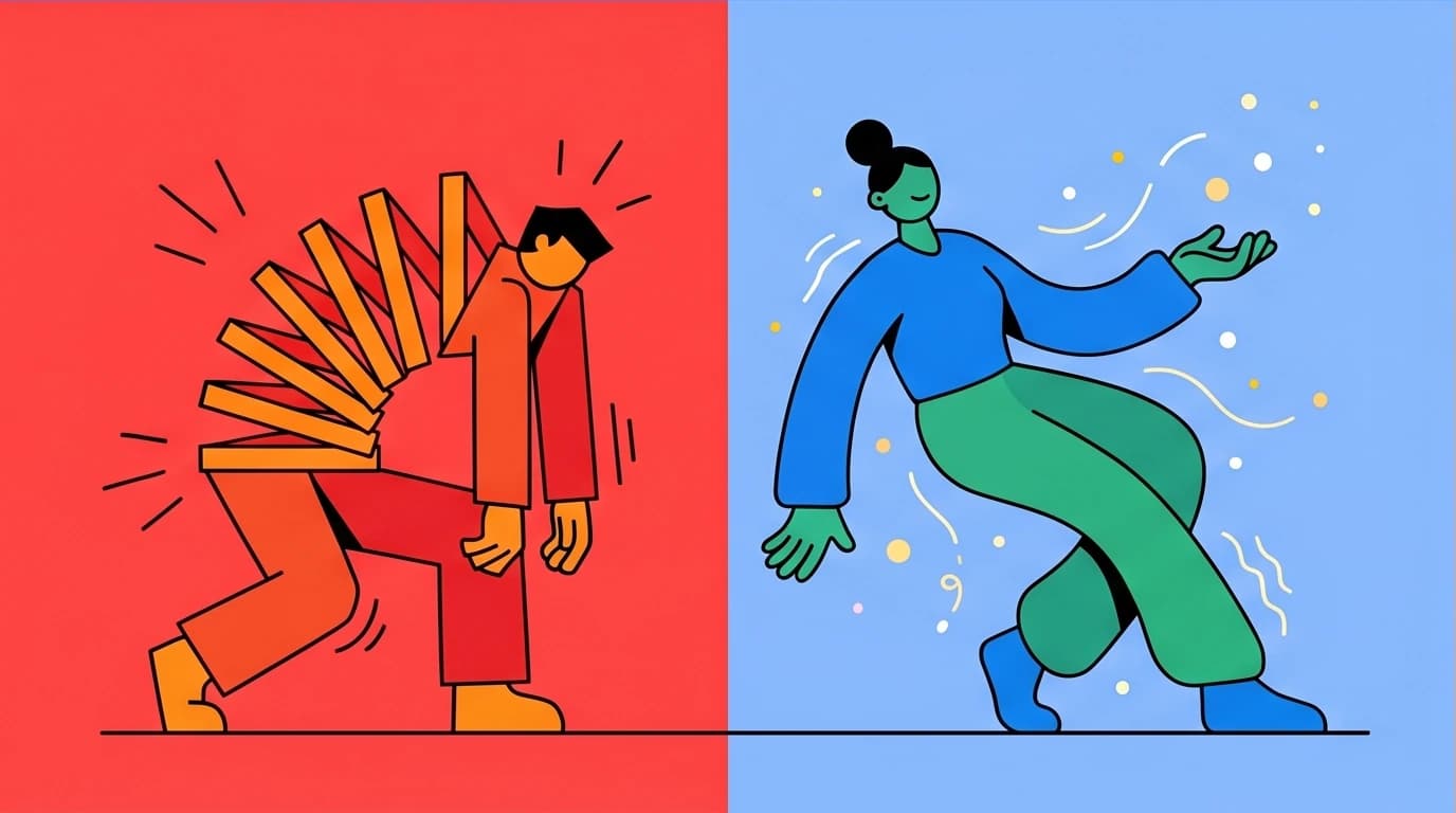 Illustration showing how to soothe nervous emotions. A character transitions from a tense spring to a relaxed state, symbolizing progressive muscle relaxation for stress relief.