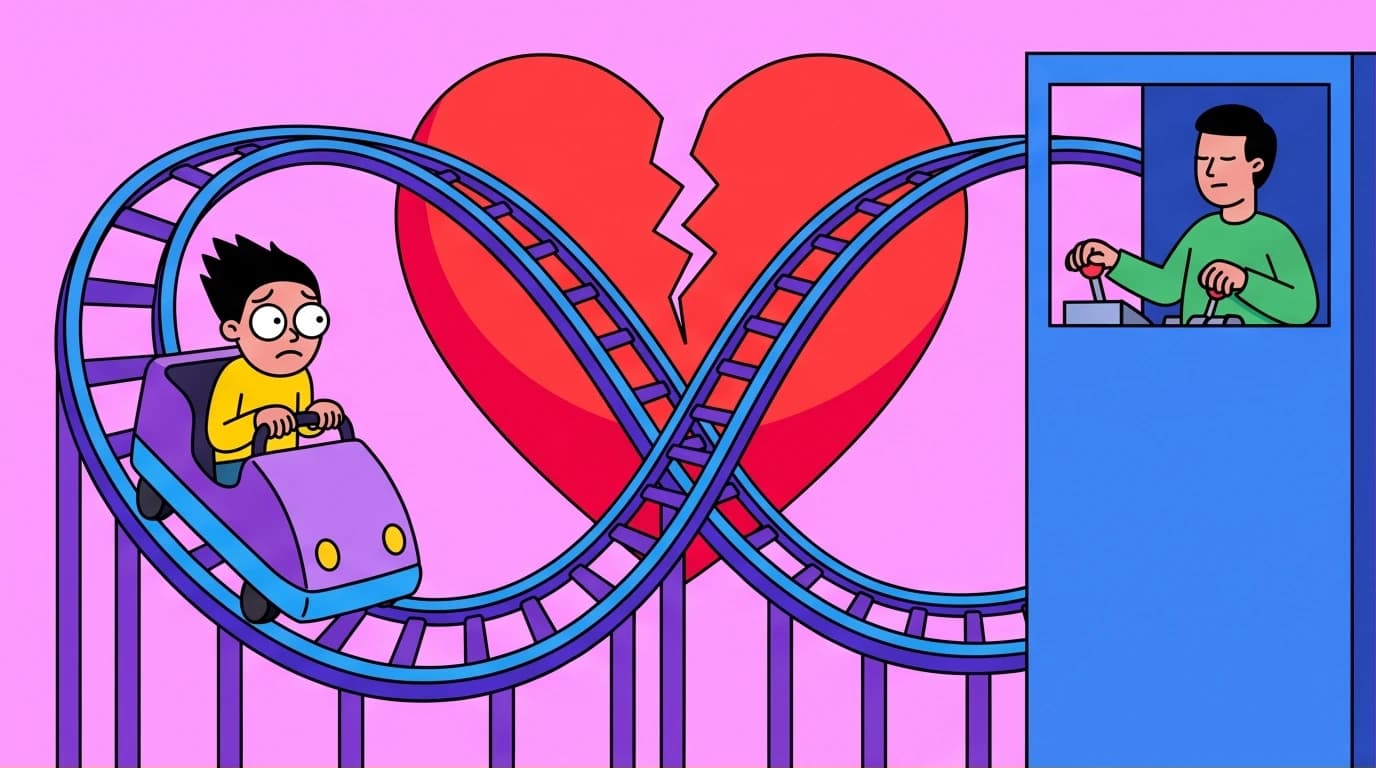 Illustration of the emotional rollercoaster in an anxious-avoidant trap, showing one person anxious and the other detached, based on insights from the Attached book.