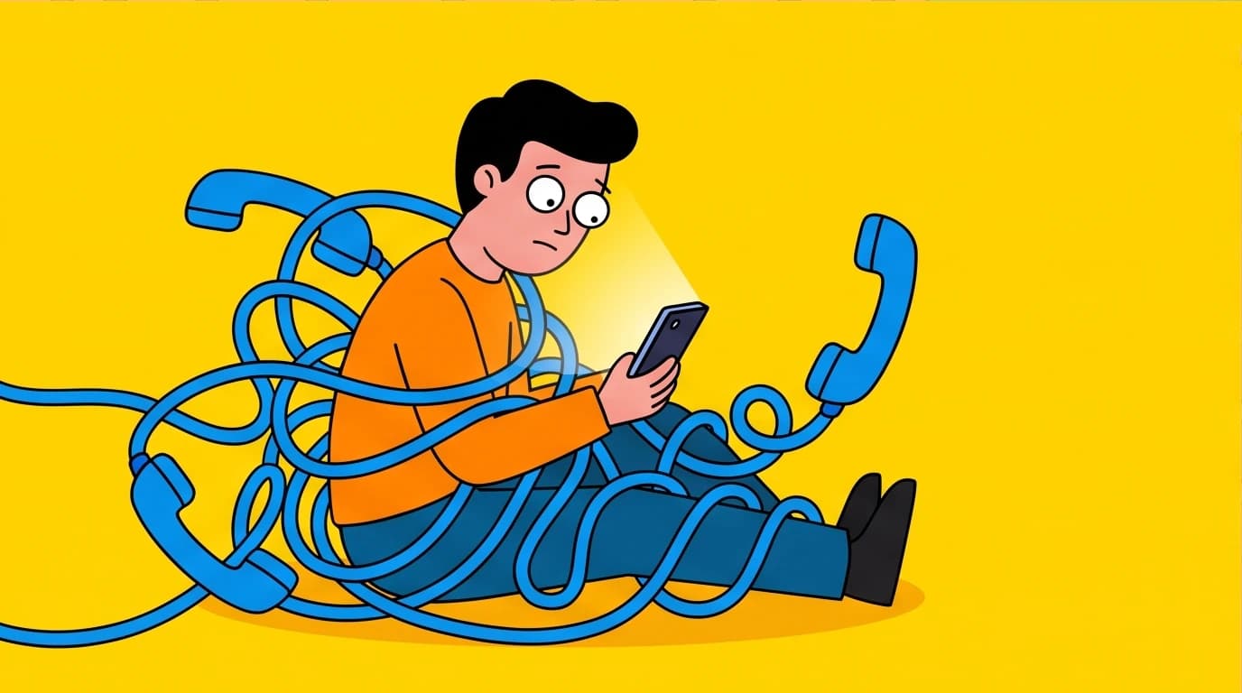 An illustration of anxious attachment protest behaviors, showing a person tangled in phone cords, a key concept for relationships discussed in the Attached book.