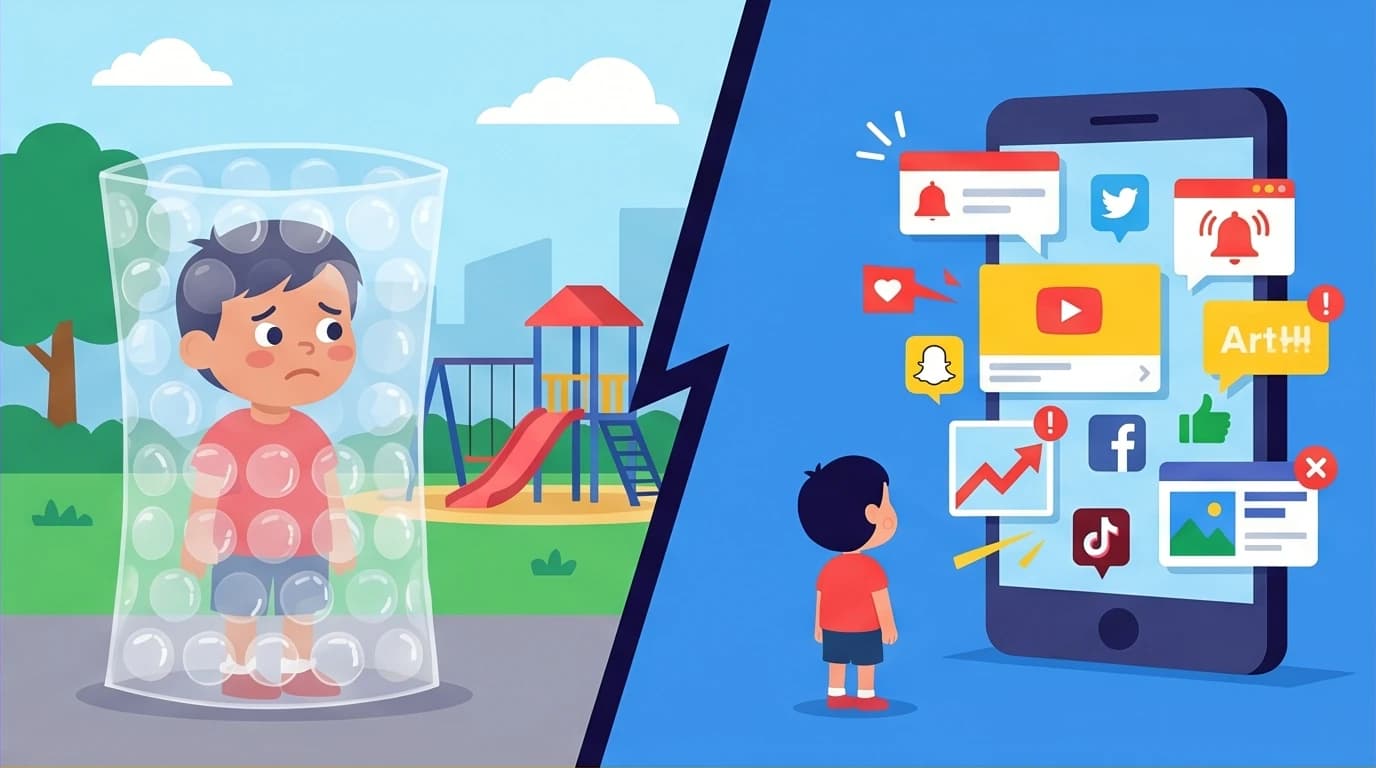 A child is overprotected in the real world but left defenseless in the digital world, a core concept from The Anxious Generation.