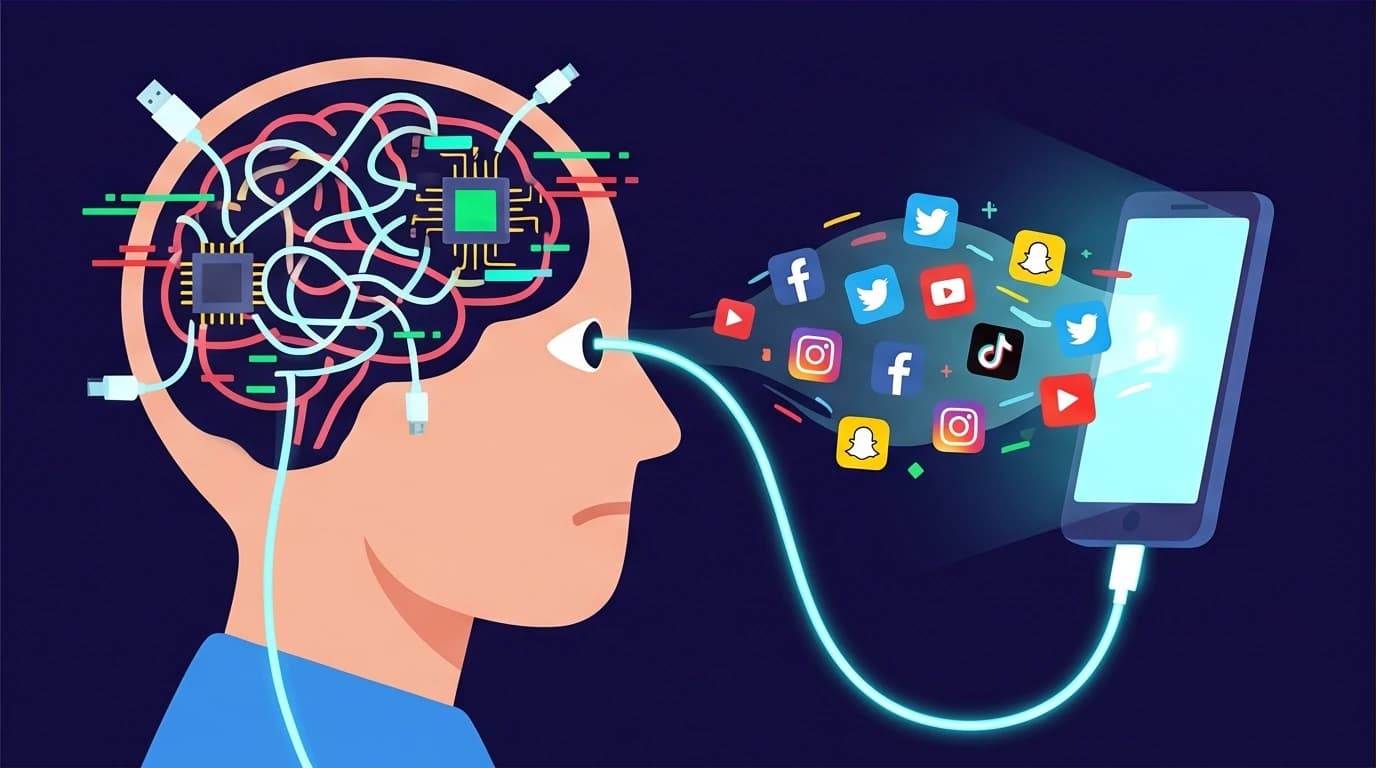Conceptual art of a brain being rewired by smartphone addiction and social media, illustrating a key point in The Anxious Generation.