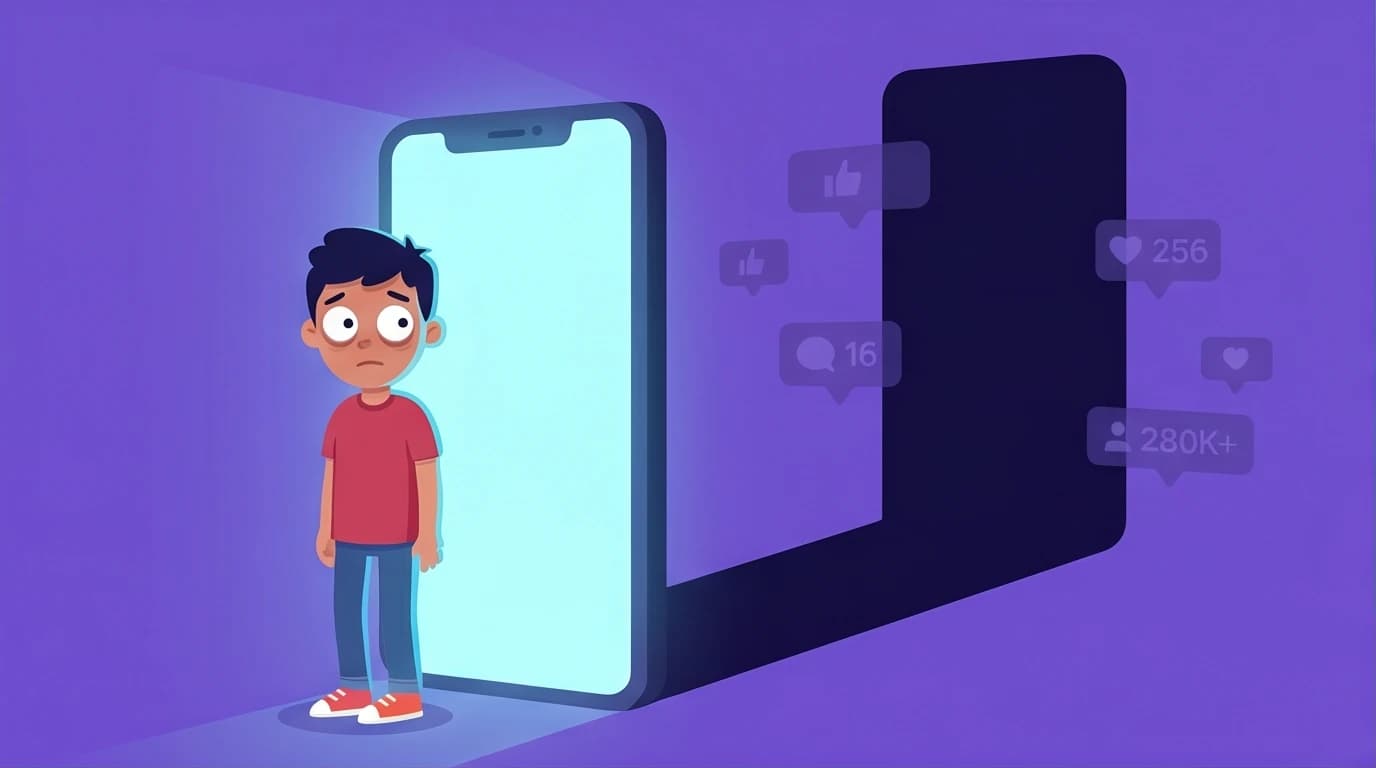 Illustration of a teenager overshadowed by a giant smartphone, symbolizing the mental health crisis in The Anxious Generation by Jonathan Haidt.