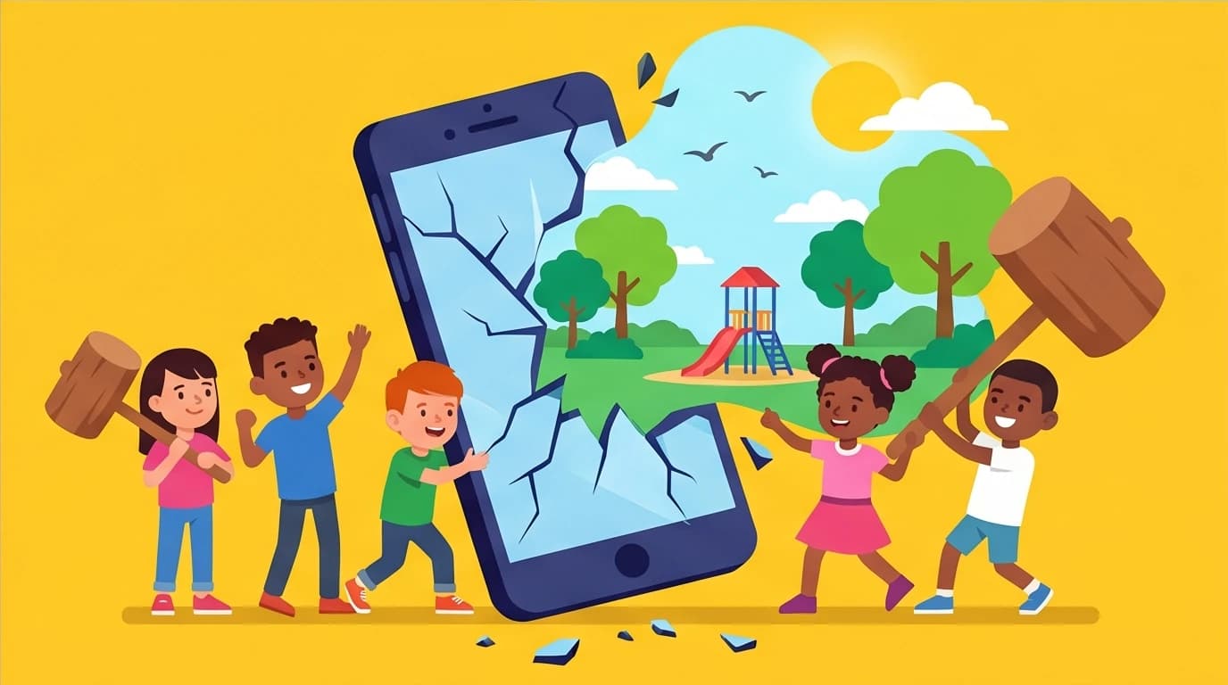 Children breaking a smartphone to reclaim a natural childhood, representing the solutions proposed in Jonathan Haidt's The Anxious Generation.