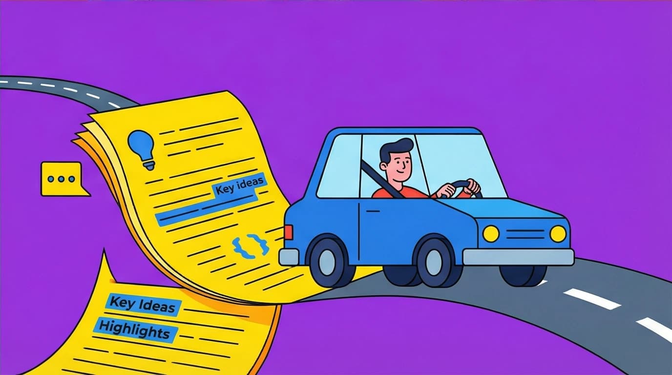 A person listening to audio book summaries on their commute, turning drive time into a productive learning session to read faster.