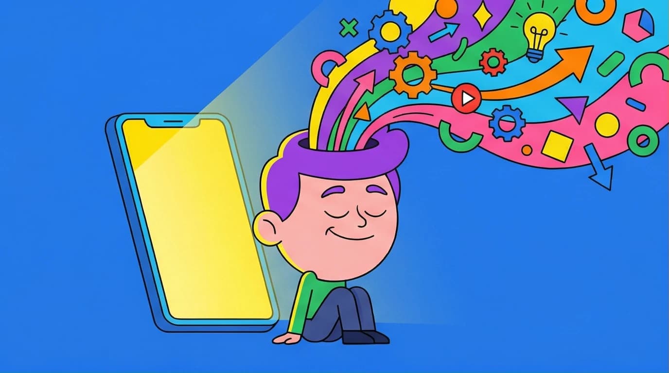 A person effortlessly absorbing knowledge using the best apps to skim books, with ideas flowing from a smartphone to their brain.