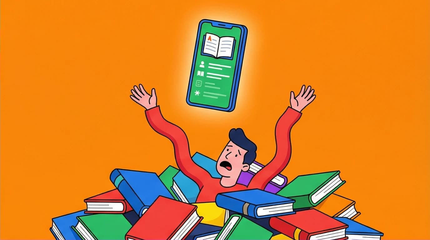 Illustration showing how apps that summarize books save a user from being overwhelmed by a huge stack of unread non-fiction.