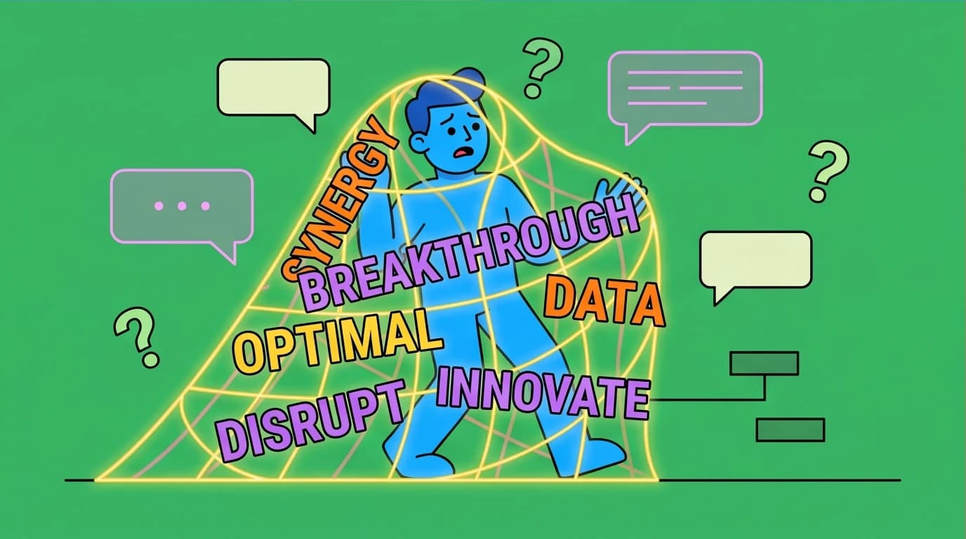 A character trapped by a net of ambiguous words, illustrating a key concept of identifying unclear language for better critical thinking from the book 'Asking the Right Questions'.