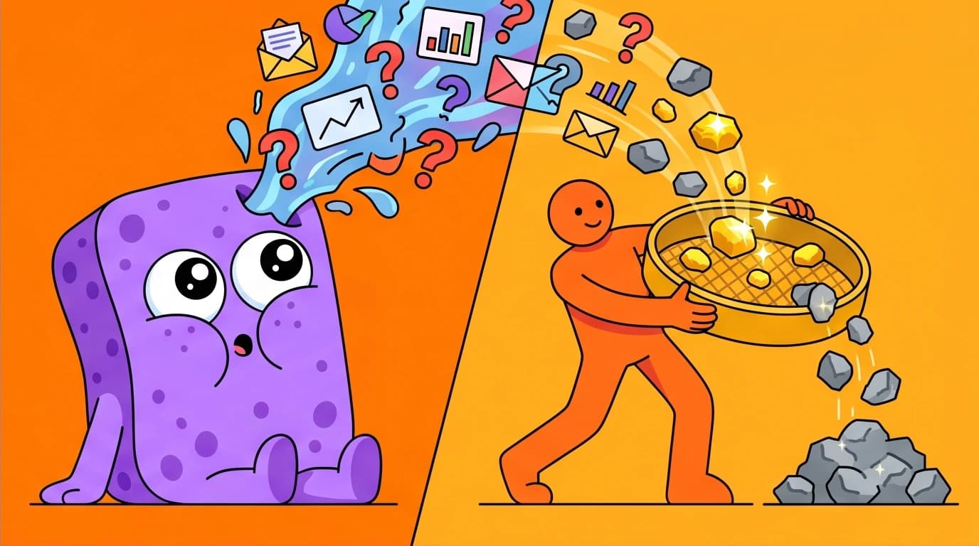 A visual metaphor from 'Asking the Right Questions' showing a sponge passively absorbing data versus a gold panner actively finding insights, promoting critical thinking.