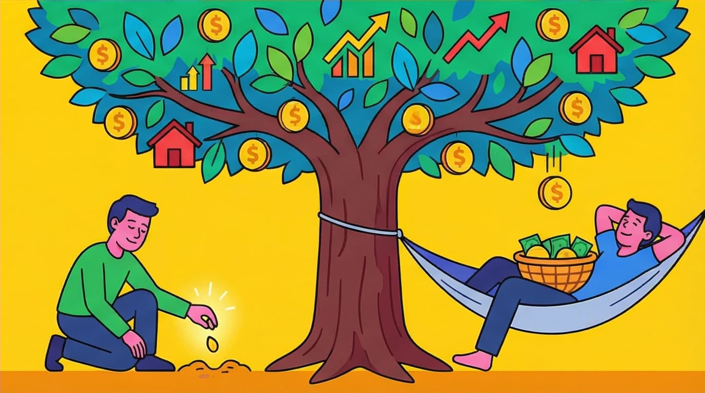 A person plants a seed that grows into a money tree, symbolizing how to escape the rat race by acquiring real assets over time.