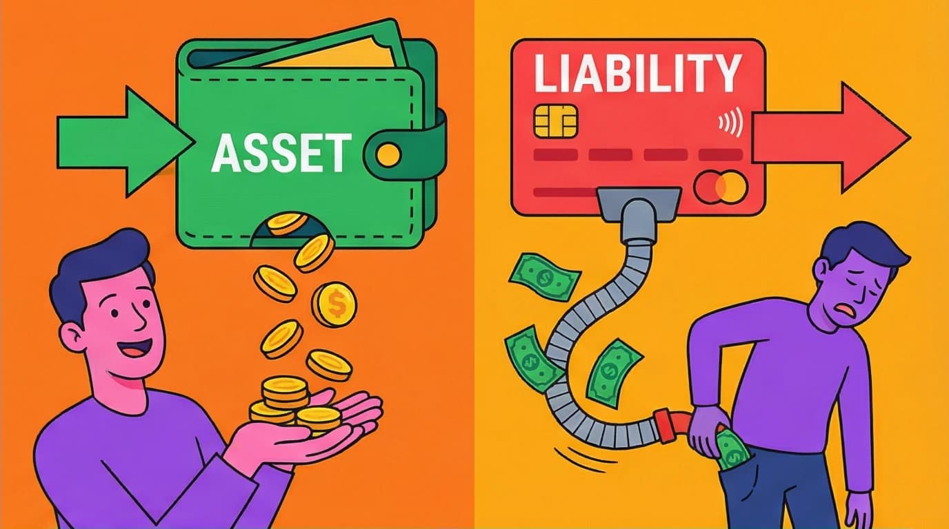 A graphic explaining the cash flow rule from Rich Dad Poor Dad, with an asset putting money in a pocket and a liability taking it out.