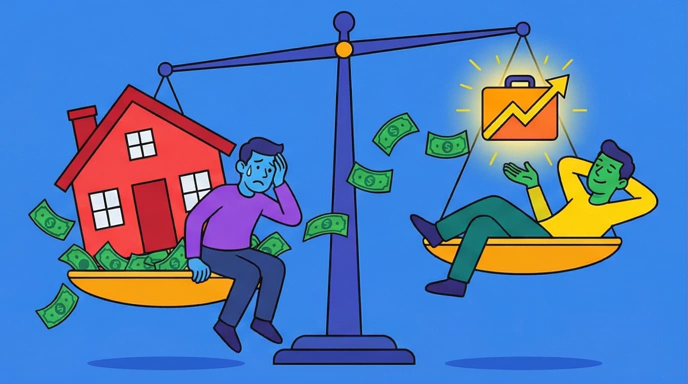 Illustration comparing assets vs liabilities from Rich Dad Poor Dad, showing an asset lifting a person up while a liability weighs them down.