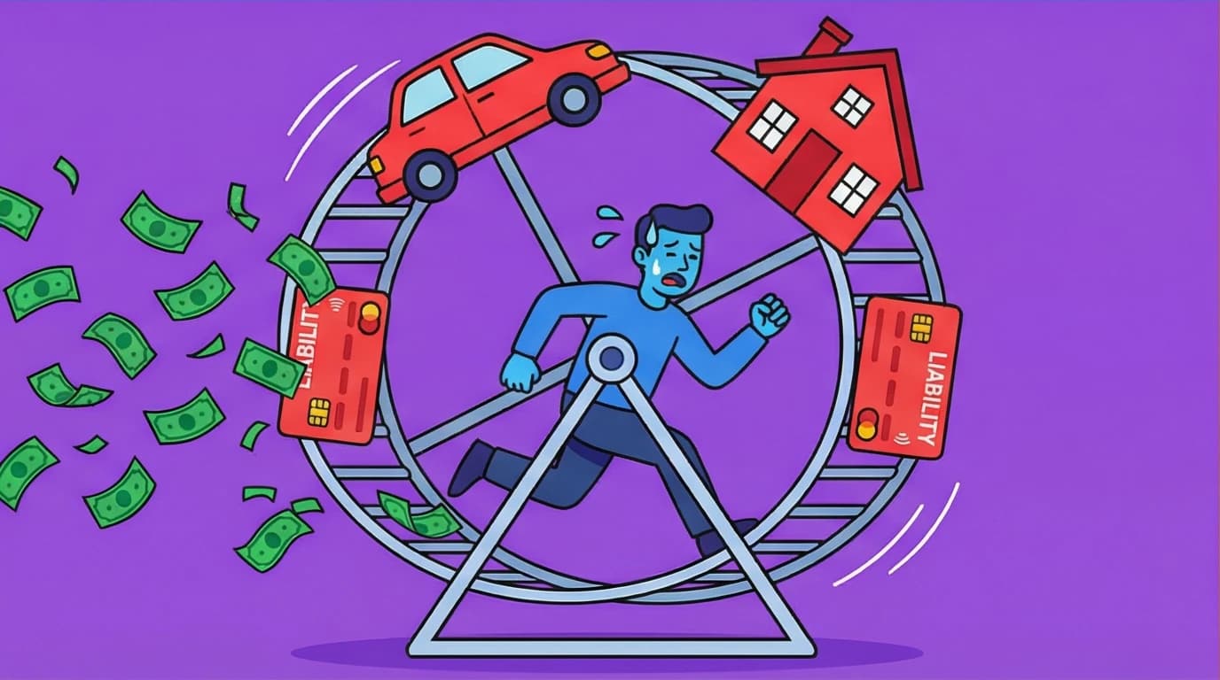 An illustration of the 'rat race' concept from Rich Dad Poor Dad, with a person running in a hamster wheel made of debt and liabilities.