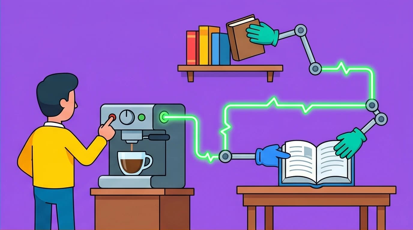 A visual guide to the 'habit stacking' method from Atomic Habits, where an old habit like making coffee automatically triggers a new one.