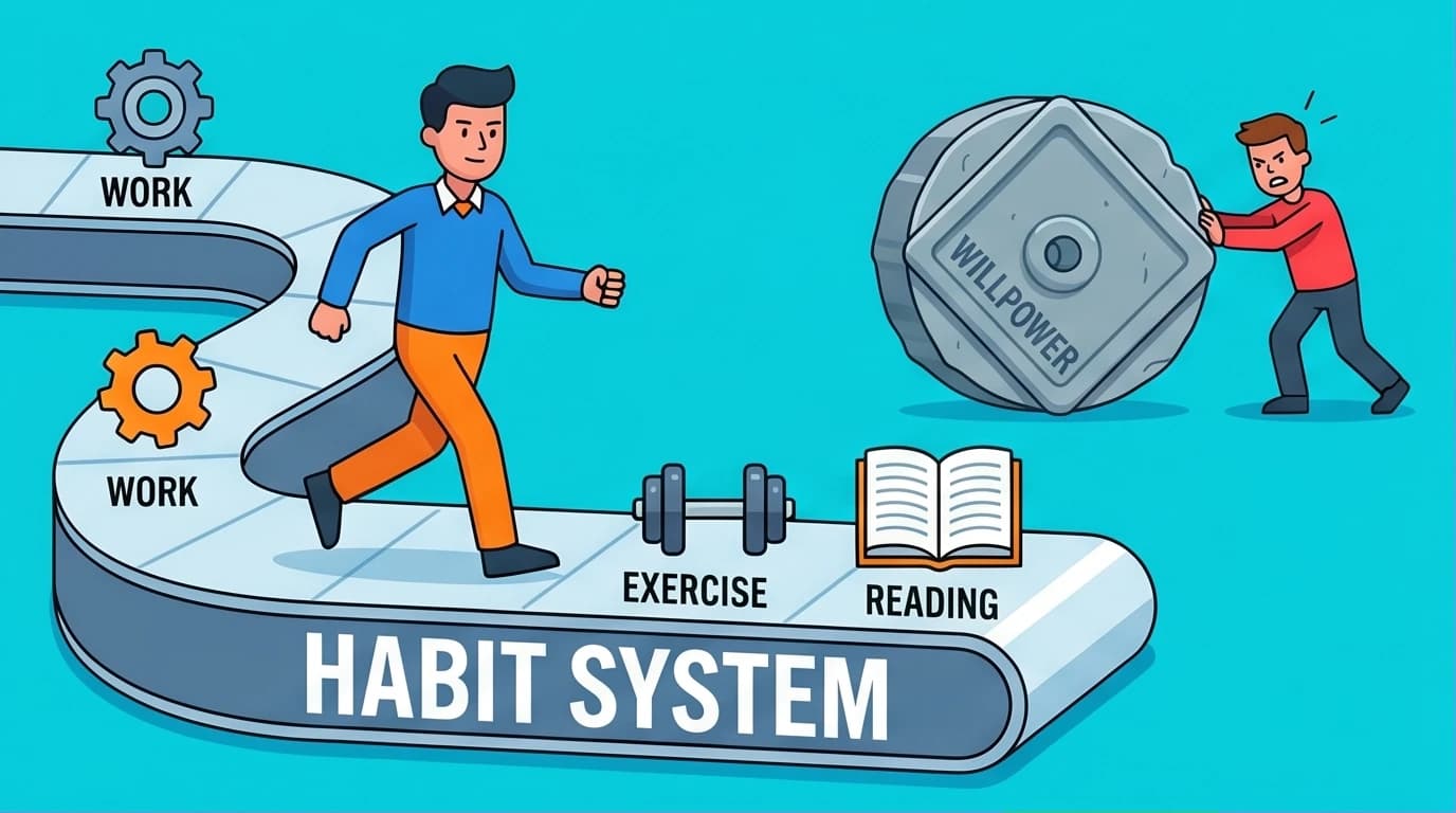 An illustration showing a character using an 'Atomic Habits' system to glide past challenges, contrasting with struggling with willpower alone.