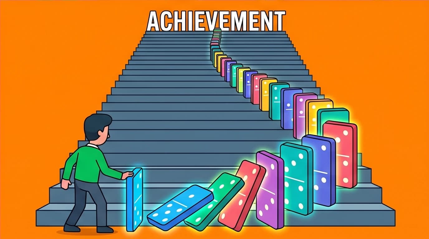 The 'two-minute rule' from Atomic Habits visualized as a tiny action starting a large chain reaction towards achieving a major goal.