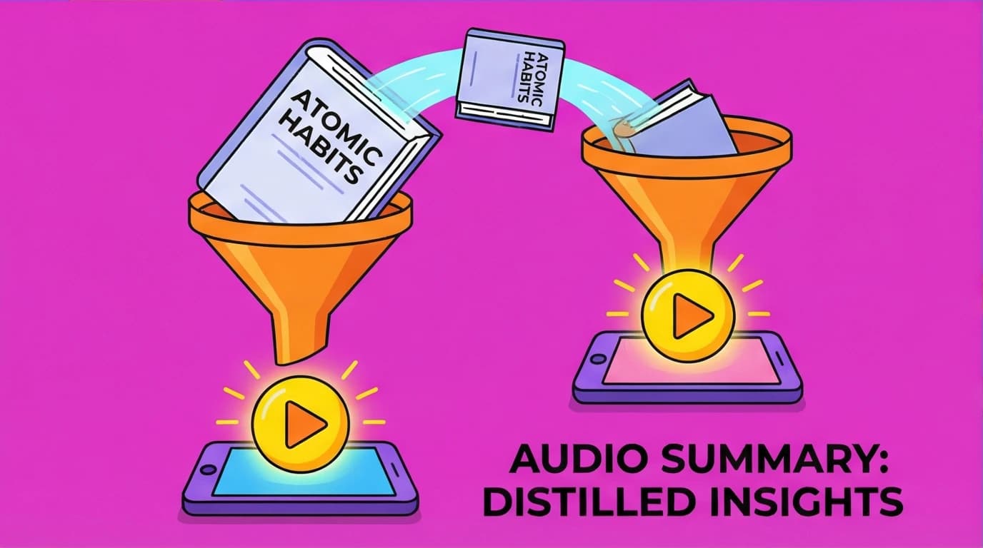 Illustration of a large book being distilled into a small icon, representing a concise Atomic Habits audio summary.