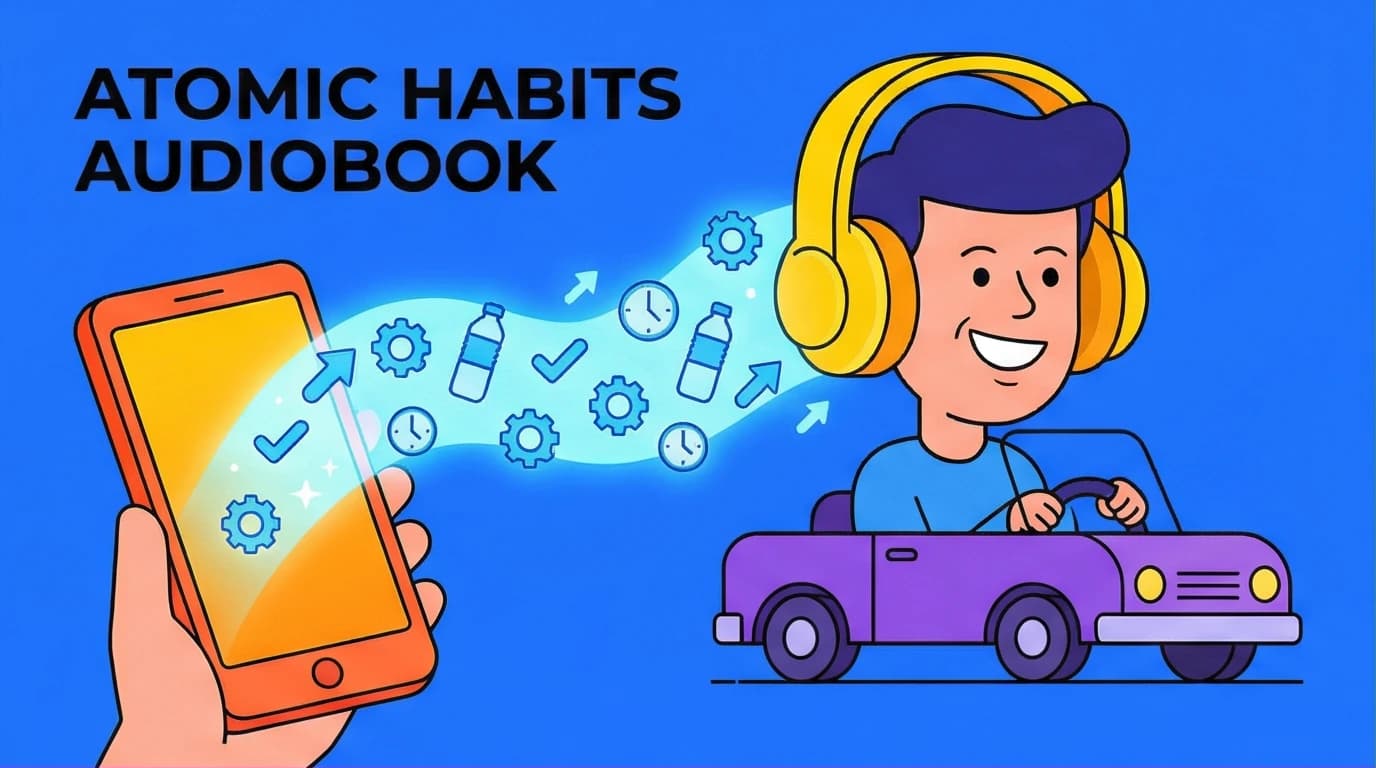 An illustration of a person listening to the Atomic Habits audiobook on headphones, with icons of habits flowing into their mind.