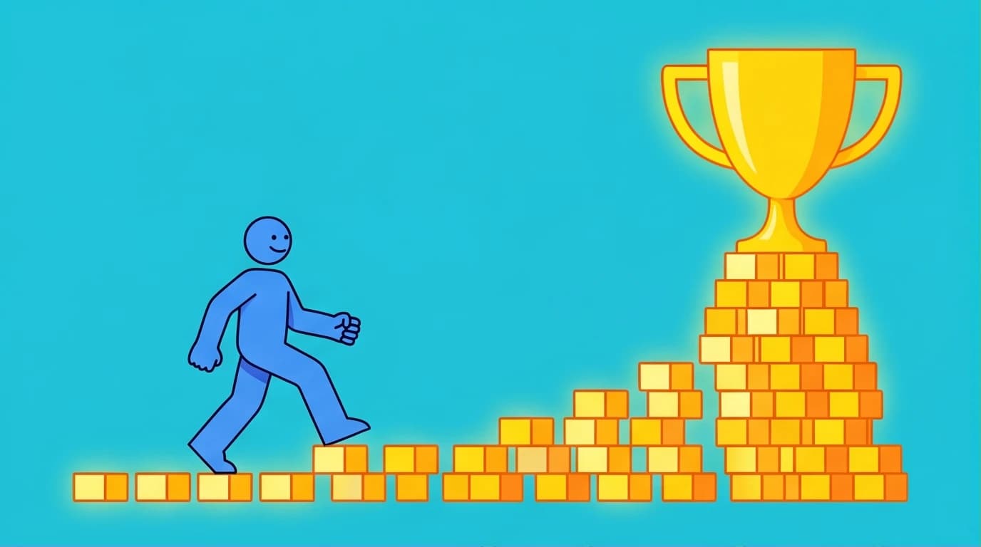 An illustration in Corporate Memphis style showing the compounding effect of Atomic Habits, where small daily actions lead to exponential growth.