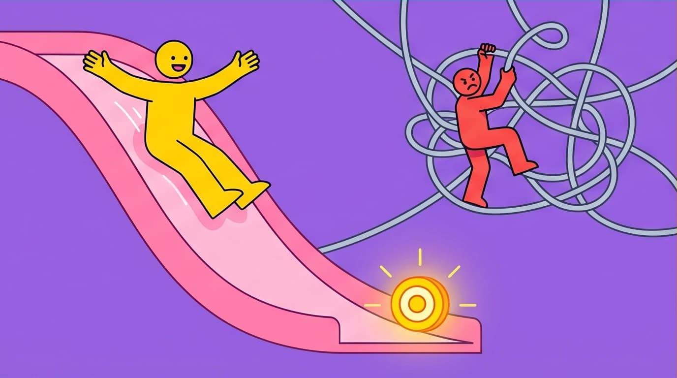 An illustration of the 'Make It Easy' principle from Atomic Habits, showing a character on a frictionless slide towards a goal, representing a low-friction system.