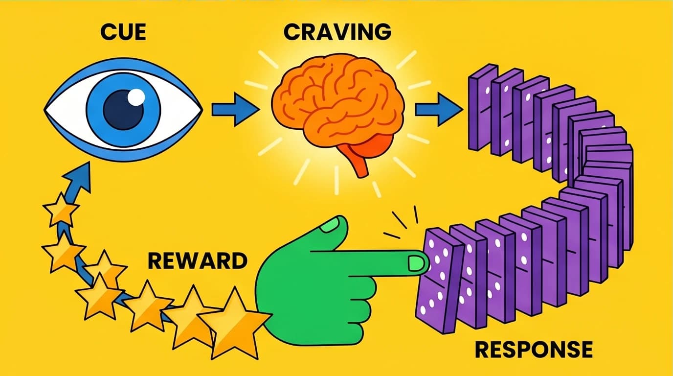 Visual representation of the Atomic Habits 4-step framework: Cue, Craving, Response, and Reward shown as an interconnected system.
