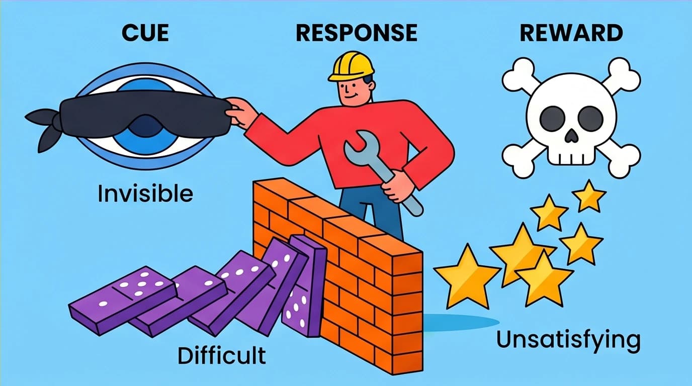 A visual guide to breaking bad habits using the Atomic Habits method, showing a character dismantling the negative habit loop.