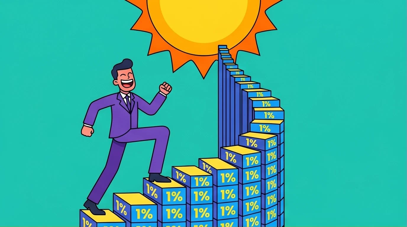 Illustration of Atomic Habits' compound effect, showing a character climbing a 1% daily improvement spiral to a huge goal.