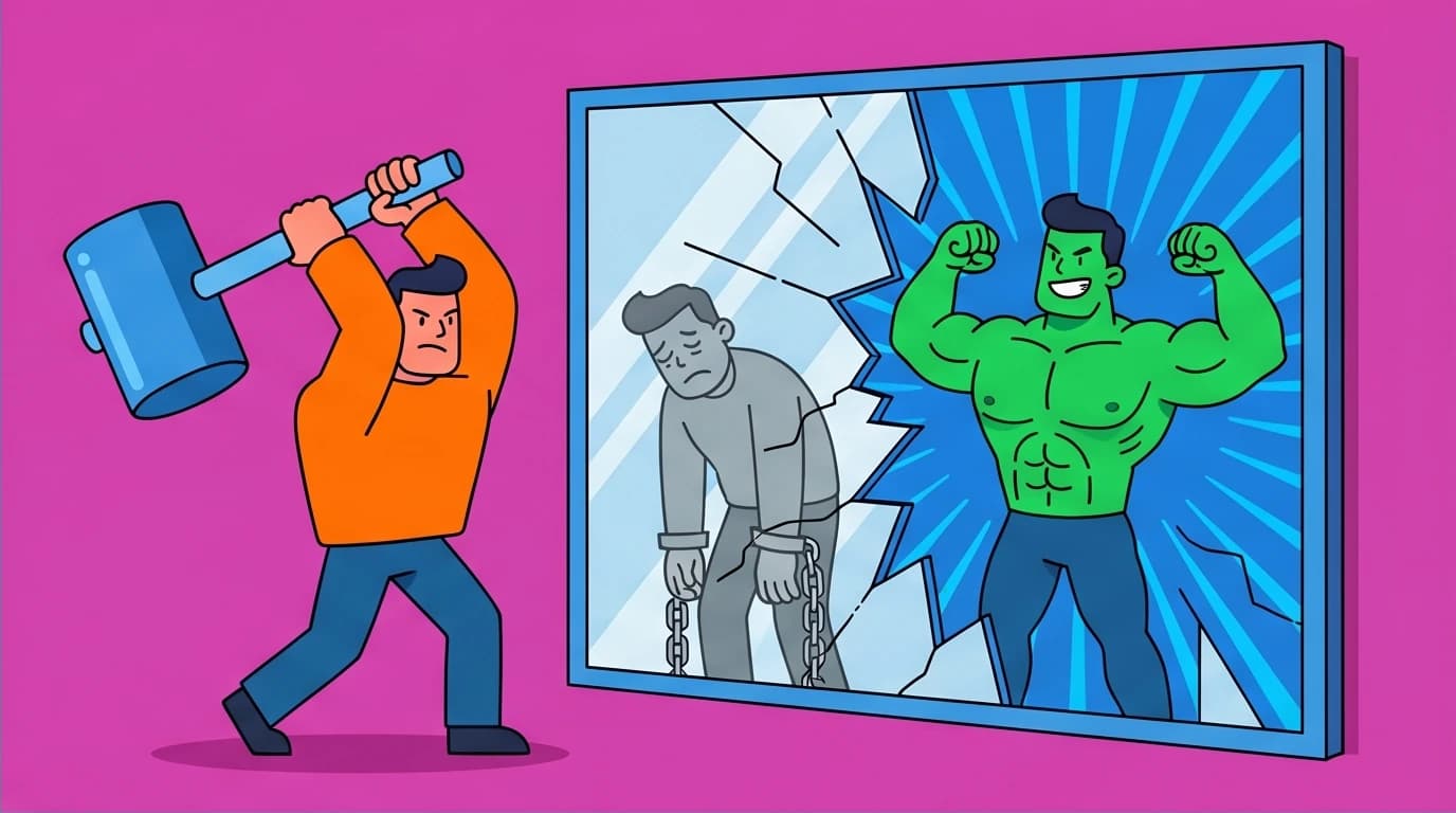 Illustration of identity-based habits from Atomic Habits. A character breaks a mirror of their old self to create a new identity.