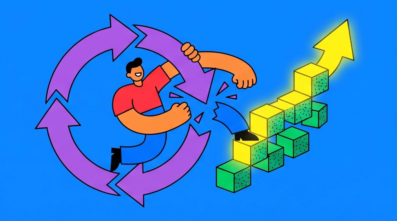 An illustration of a character breaking a cycle and starting a new path of small steps, visualizing the core concept of Atomic Habits for habit formation.