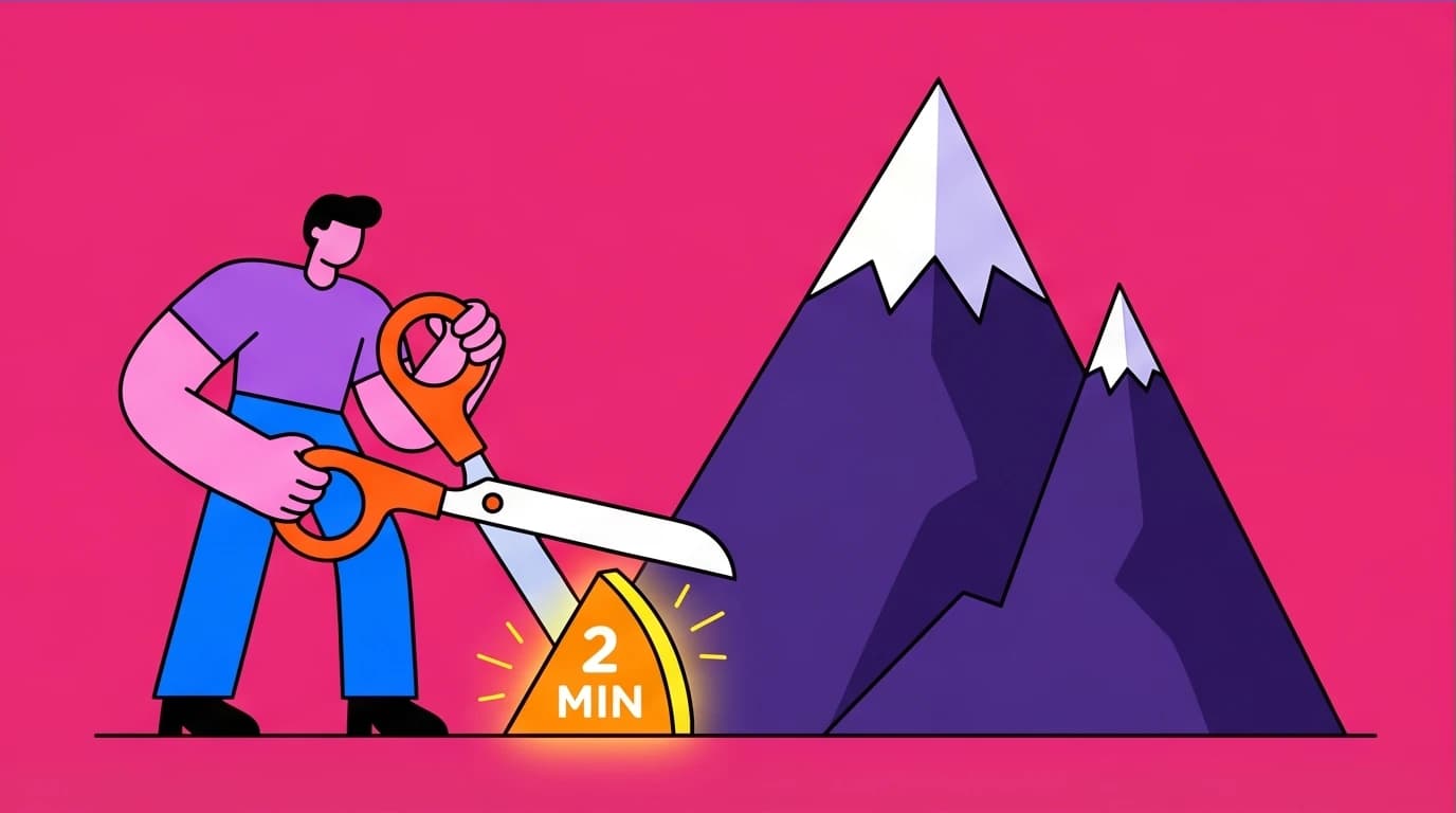 A visual metaphor for the two-minute rule in Atomic Habits, where a huge goal is made easy by starting with a tiny, manageable action.