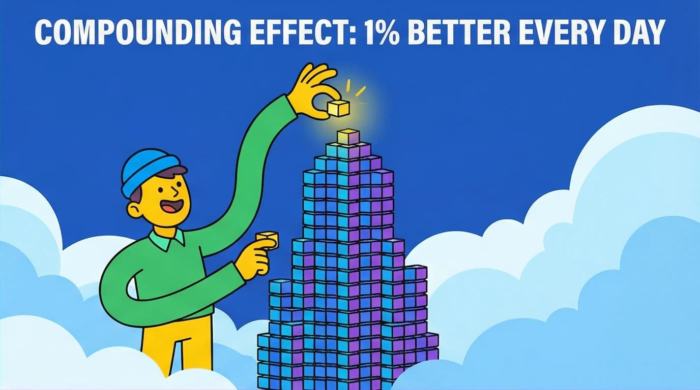 A visual metaphor for the compound effect from Atomic Habits, showing a small daily action building a massive structure, illustrating the 1 percent better rule.