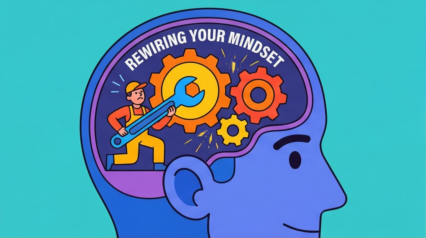 Illustration of a person rewiring their brain with Atomic Habits quotes, representing a mindset shift through tiny, consistent changes.